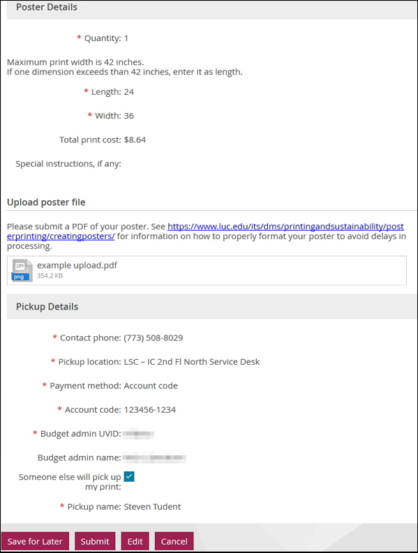 Poster Submission Form - review and submit screenshot